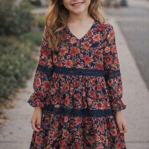 NWOT Poppies And Roses Red And Blue Floral V-Neck Dress Girl Size 12